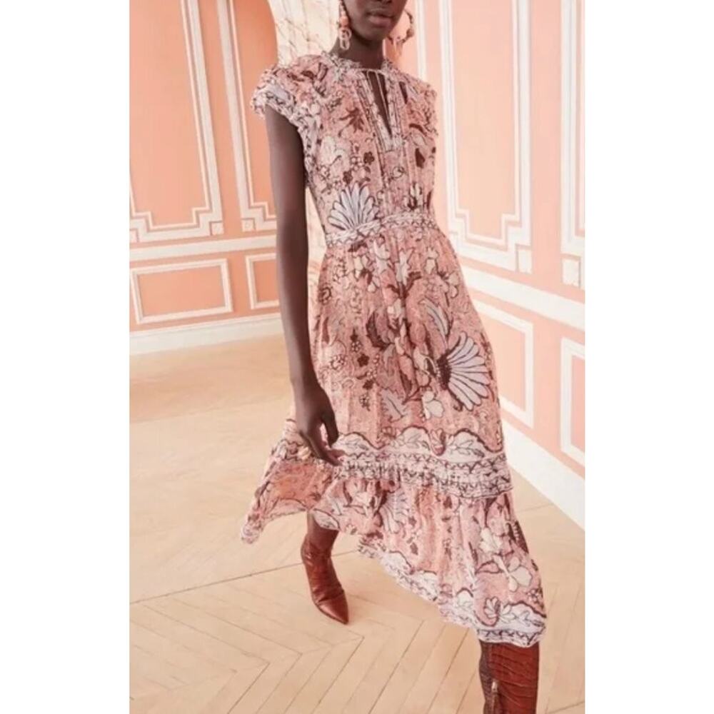 ULLA JOHNSON Sz 10 Celestia Blush Pink Print Silk Short Sleeve Midi Dress - Picture 12 of 12